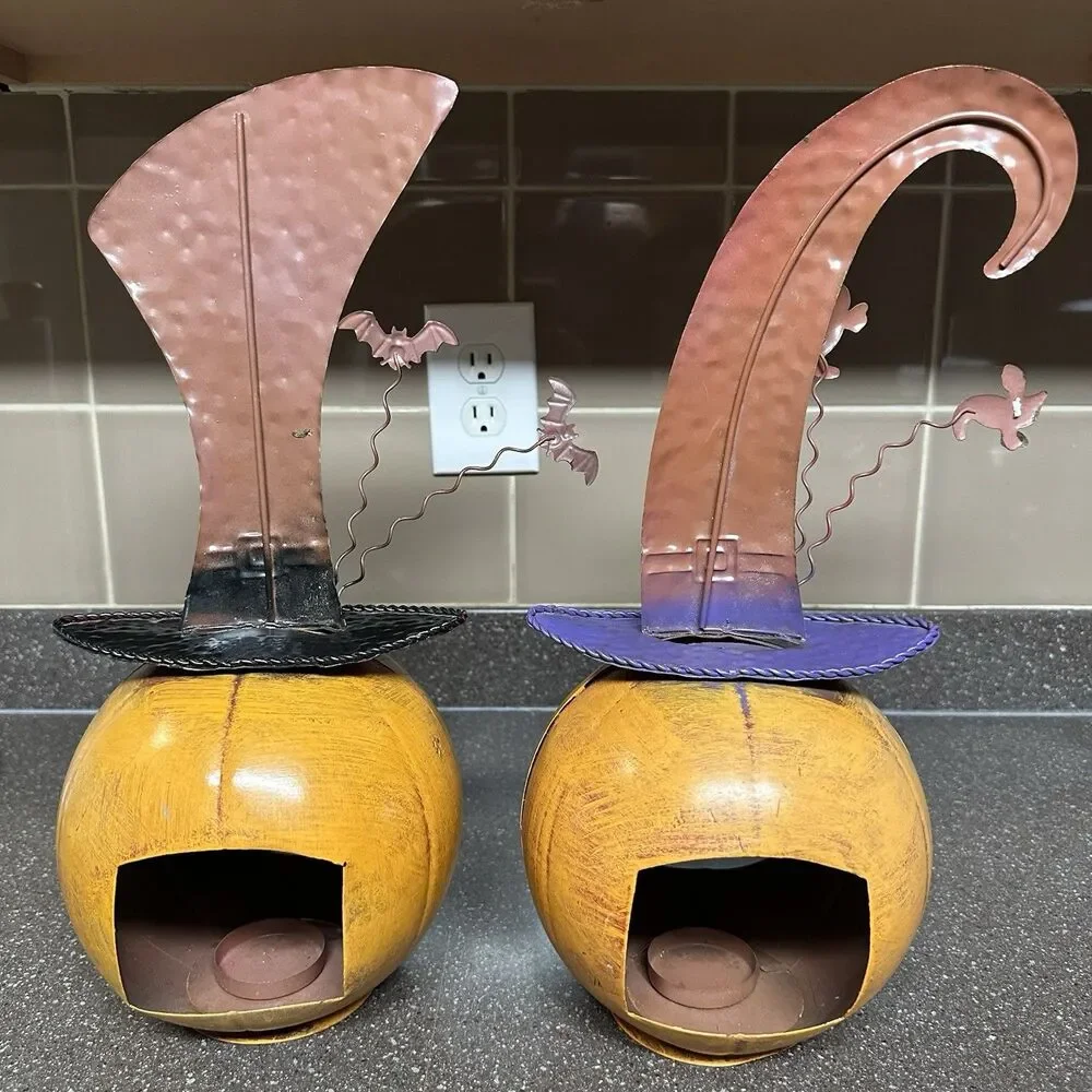 Set of 2 Halloween Metal Pumpkin Lanterns – Witch Hats w/ Bat & Ghosts 15”